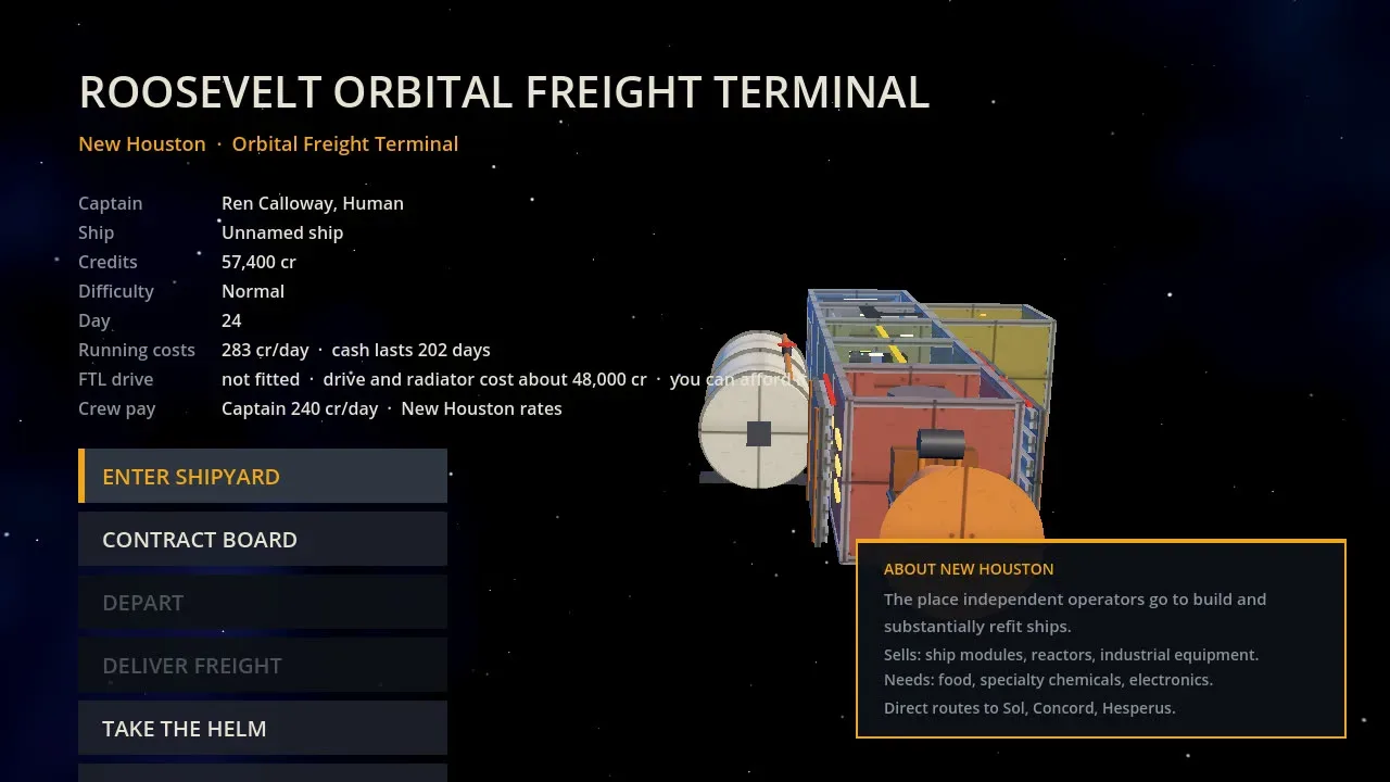 Dock economy screenshot showing the freight operator's finances and running costs.