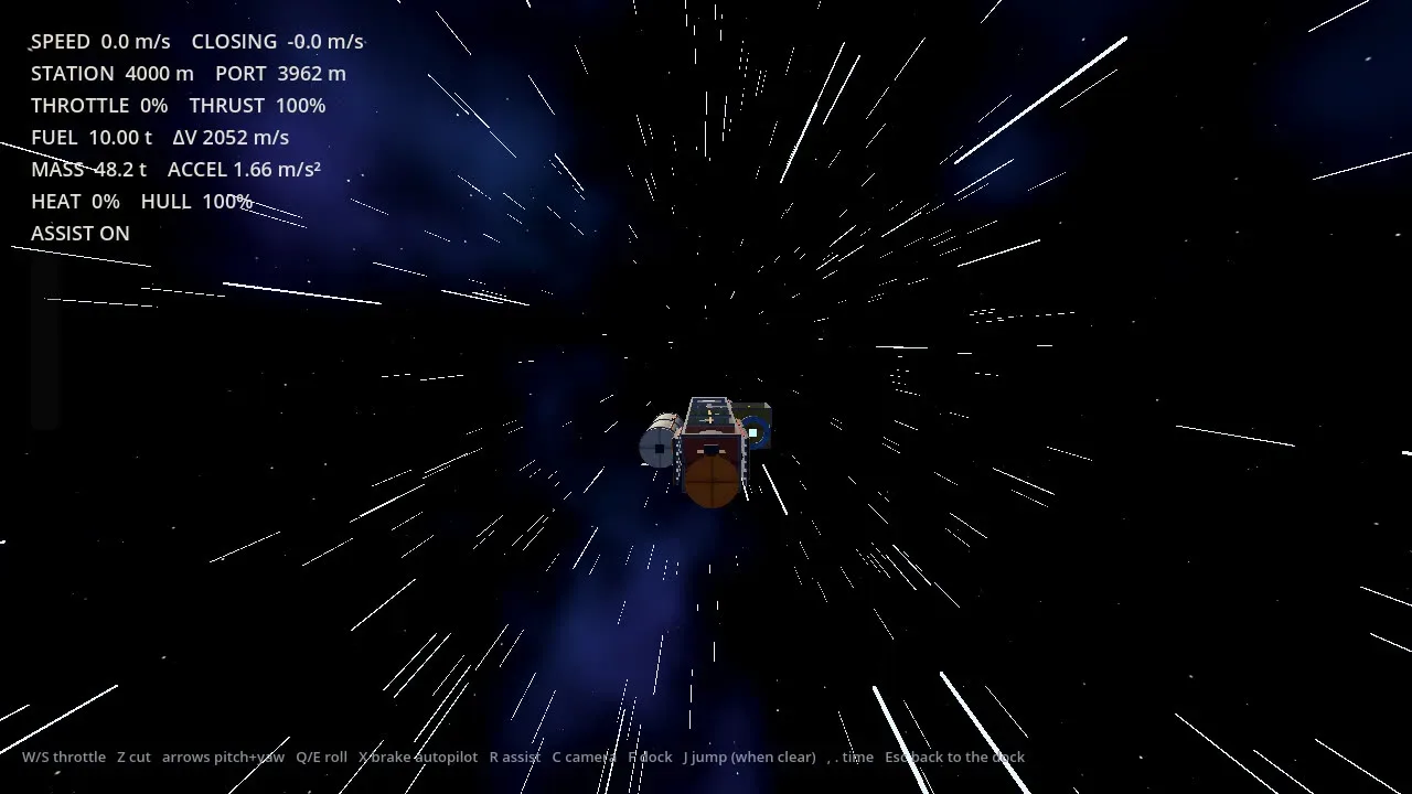 Far Haul screenshot of stretched star trails during an FTL jump.